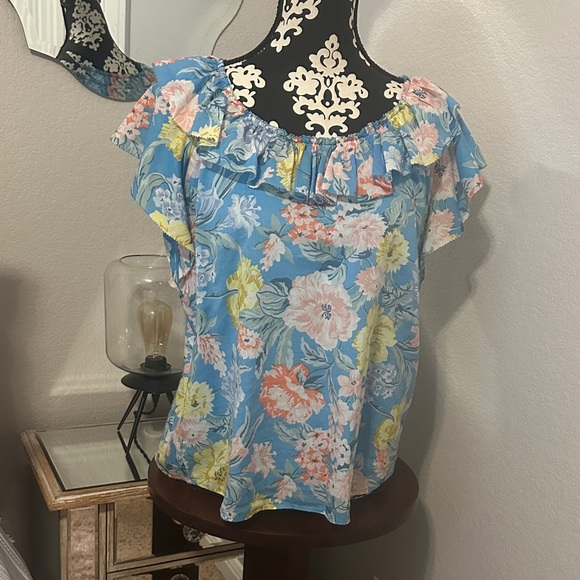 Loft Floral Ruffle Off-Shoulder Top - Blue - Picture 2 of 5